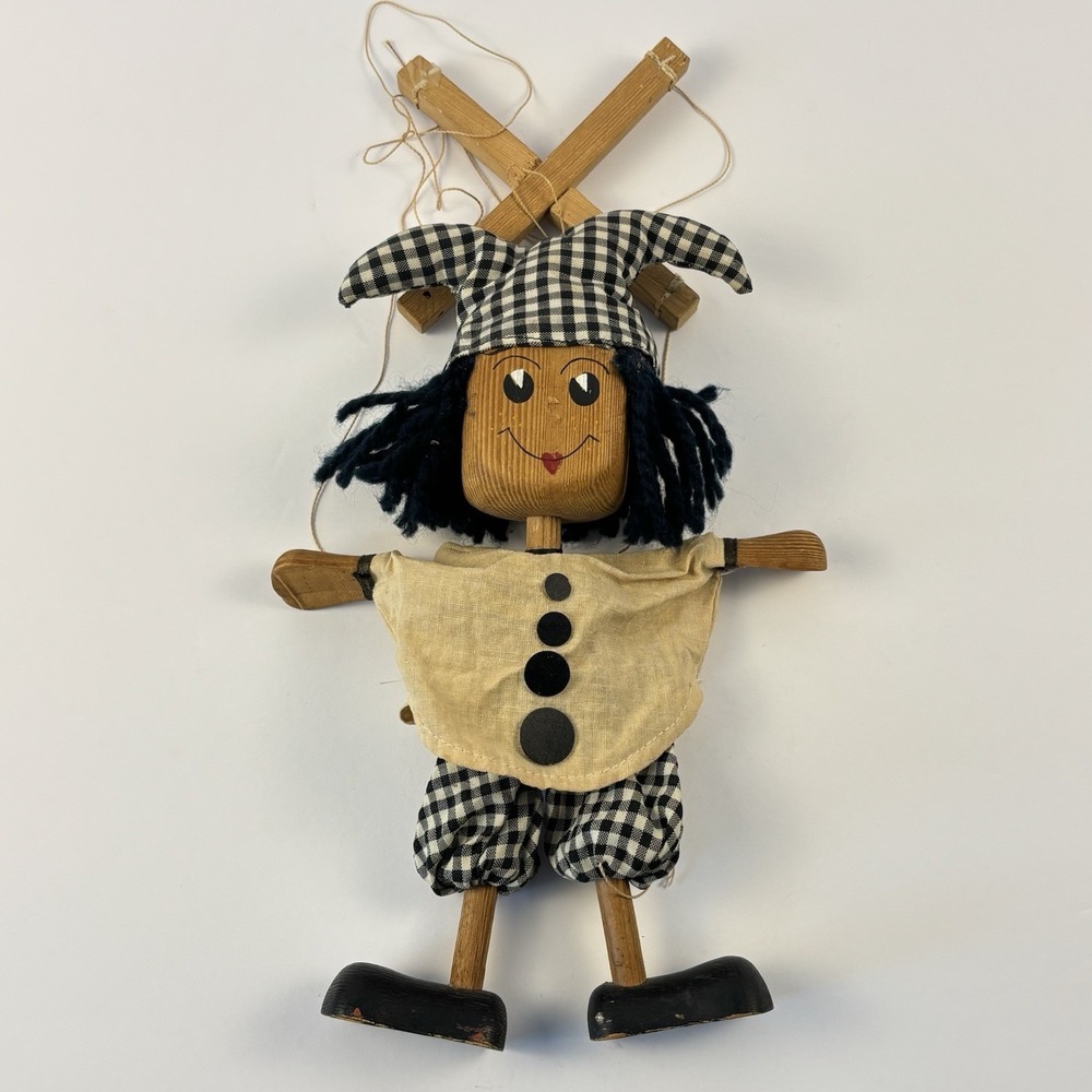 Vintage Woodenβ Jester Marionette Doll Puppet On Strings With Crossbar Control